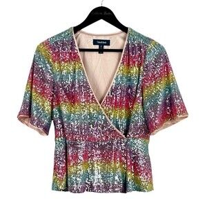 Modcloth Womens Size M Wrap Rainbow Peplum Top Blouse Sequin Surplice Party E1